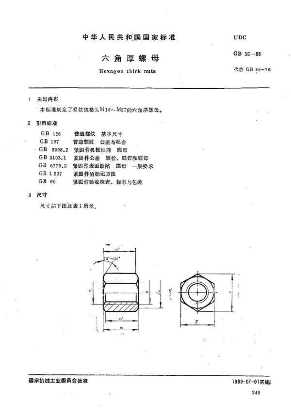 六角厚螺母 (GB/T 56-1988)