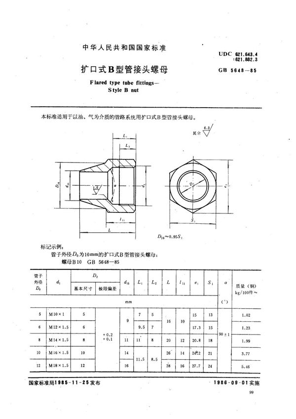 扩口式 B 型管接头螺母 (GB/T 5648-1985)