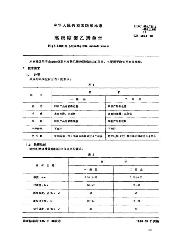 高密度聚乙烯单丝 (GB/T 5664-1985)