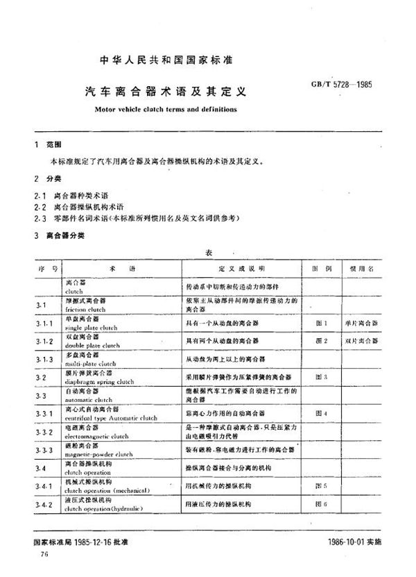 汽车离合器术语及其定义 (GB/T 5728-1985)