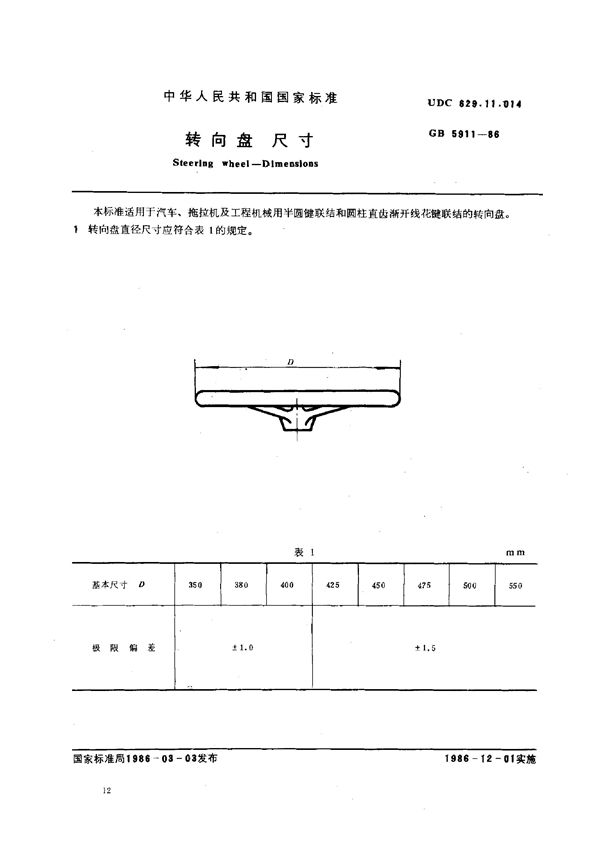 转向盘 尺寸 (GB/T 5911-1986)