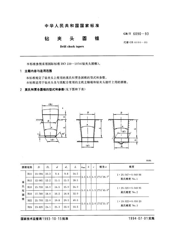 钻夹头圆锥 (GB/T 6090-1993)