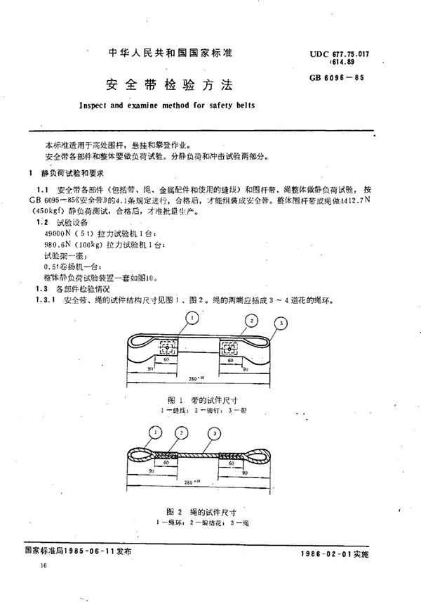 安全带检验方法 (GB/T 6096-1985)