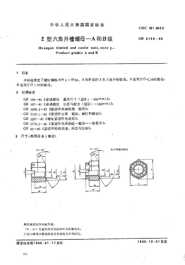 2型六角开槽螺母  A和B级 (GB/T 6180-1986)