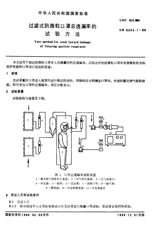 过滤式防微粒口罩总透漏率的试验方法 (GB/T 6224.1-1986)