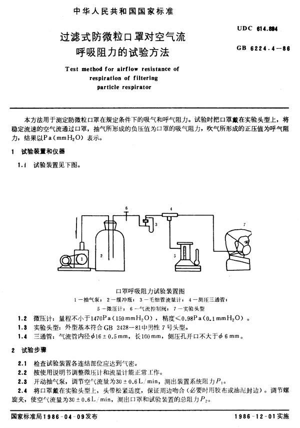 过滤式防微粒口罩对空气流呼吸阻力的试验方法 (GB/T 6224.4-1986)