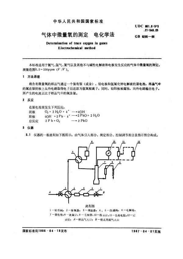 气体中微量氧的测定 电化学法 (GB/T 6285-1986)