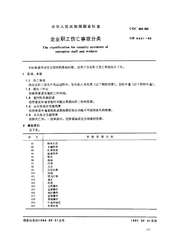 企业职工伤亡事故分类 (GB/T 6441-1986)