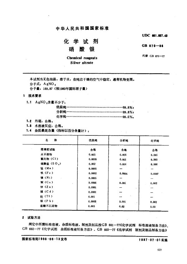 化学试剂  硝酸银 (GB/T 670-1986)