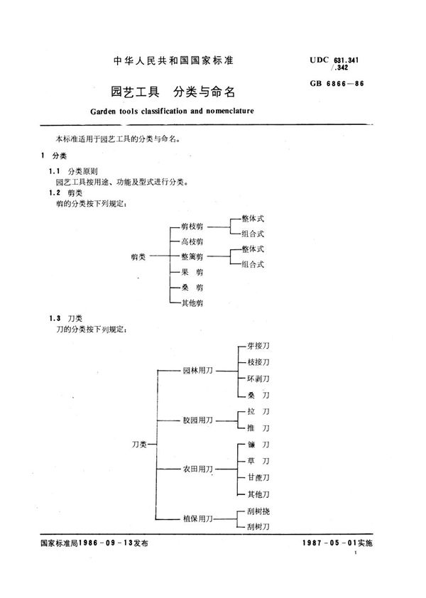 园艺工具  分类与命名 (GB/T 6866-1986)