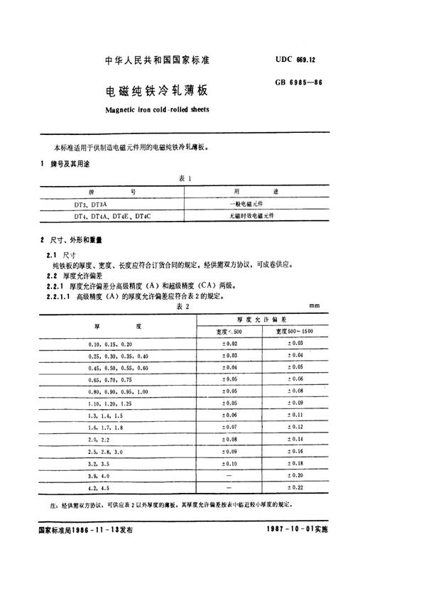 电磁纯铁冷轧薄板 (GB/T 6985-1986)