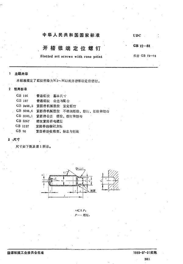 开槽锥端定位螺钉 (GB/T 72-1988)