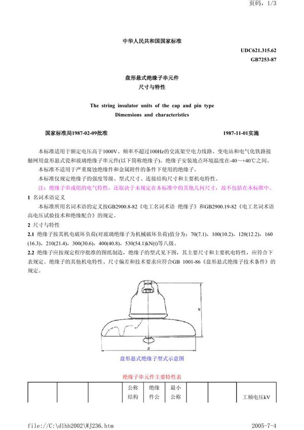 盘形悬式绝缘子串元件尺寸与特性 (GB/T 7253-1987)