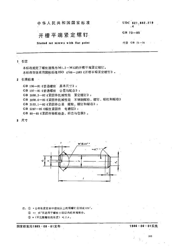 开槽平端紧定螺钉 (GB/T 73-1985)