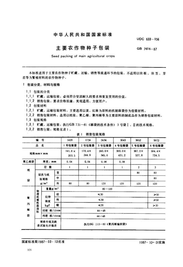 主要农作物种子包装 (GB/T 7414-1987)