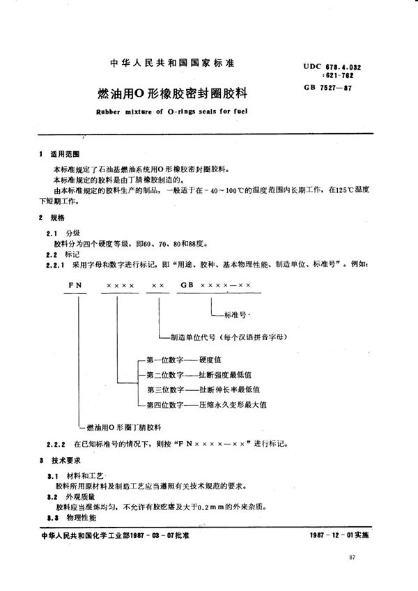 燃油用O型橡胶密封圈胶料 (GB/T 7527-1987)