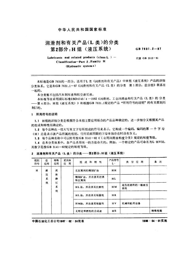 润滑剂和有关产品(L类)的分类 第2部分：H组(液压系统) (GB/T 7631.2-1987)