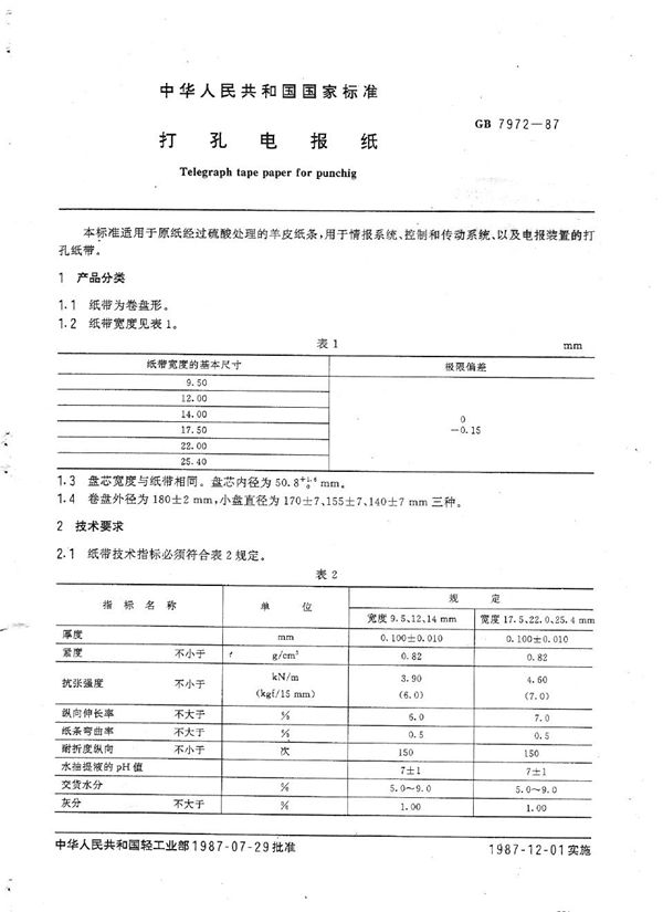 打孔电报纸 (GB/T 7972-1987)