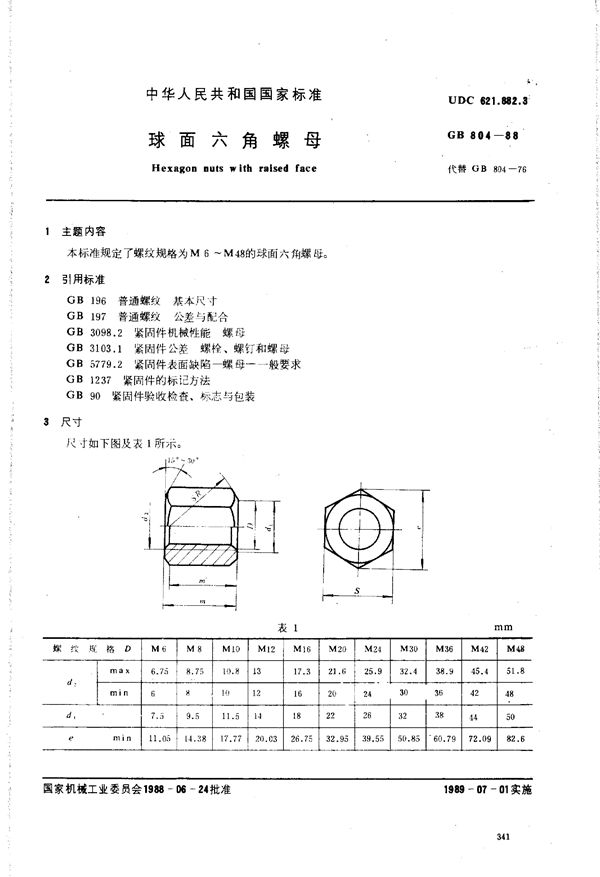 球面六角螺母 (GB/T 804-1988)