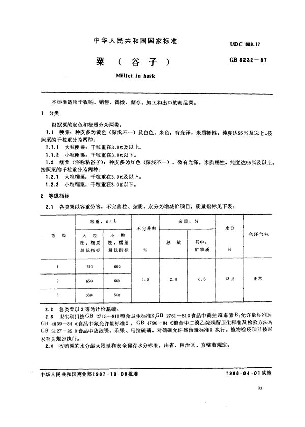 粟(谷子) (GB/T 8232-1987)