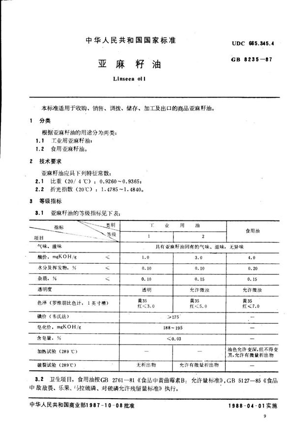 亚麻籽油 (GB/T 8235-1987)