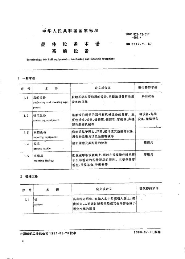 船体设备术语  系船设备 (GB/T 8242.2-1987)