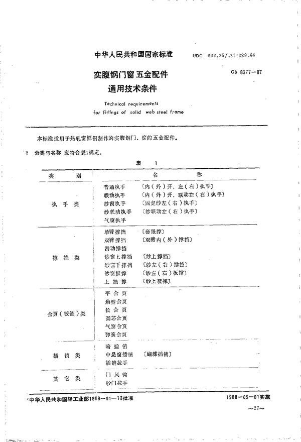 实腹钢门、窗五金配件通用技术条件 (GB/T 8377-1987)