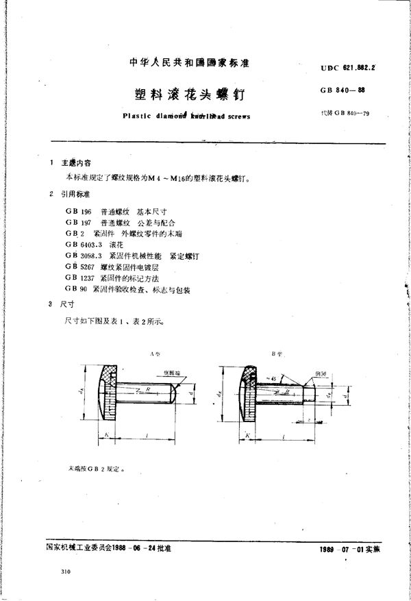 塑料滚花头螺钉 (GB/T 840-1988)