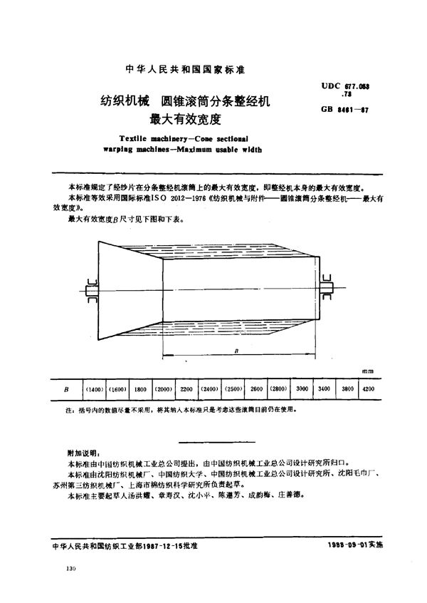 纺织机械 圆锥滚筒分条整经机 最大有效宽度 (GB/T 8461-1987)