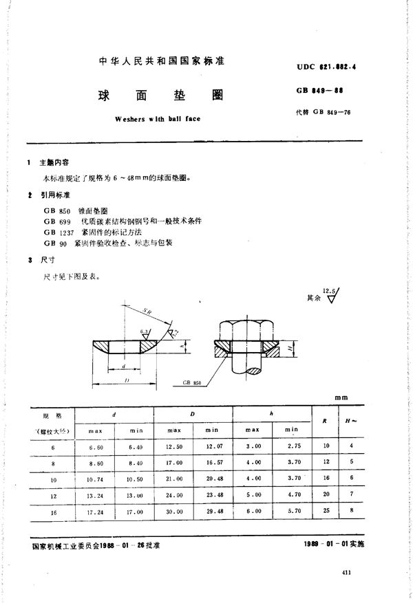 球面垫圈 (GB/T 849-1988)