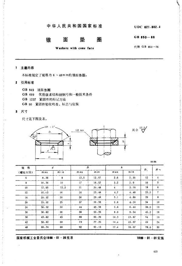 锥面垫圈 (GB/T 850-1988)