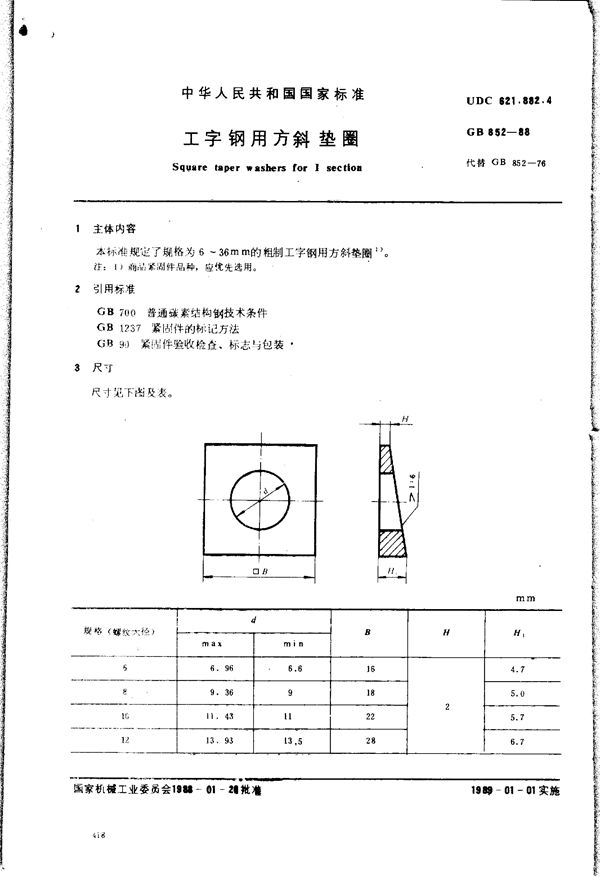 工字钢用方斜垫圈 (GB/T 852-1988)