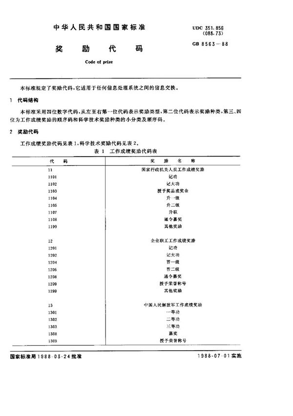 奖励代码 (GB/T 8563-1988)