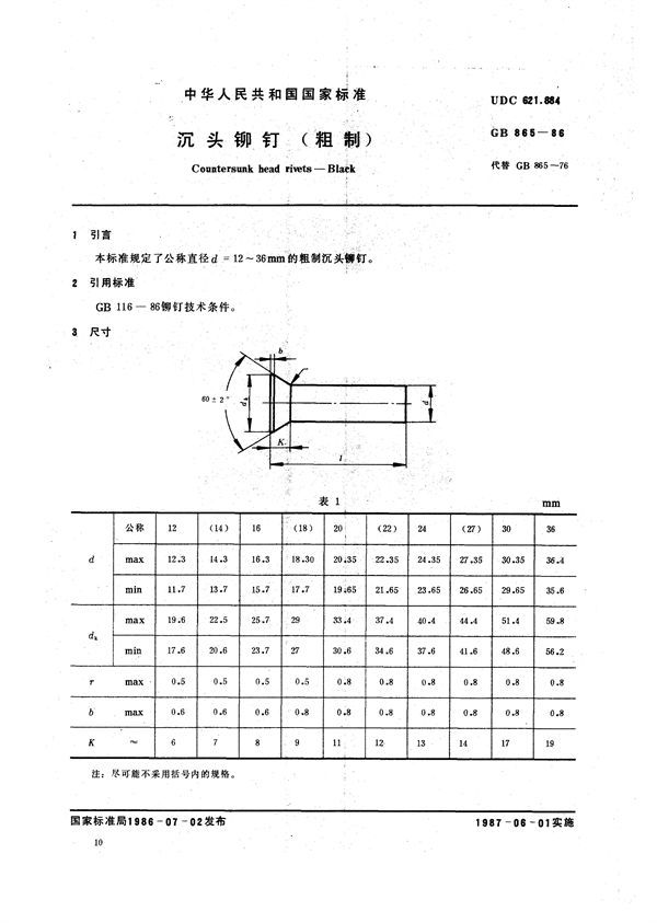 沉头铆钉 (粗制) (GB/T 865-1986)