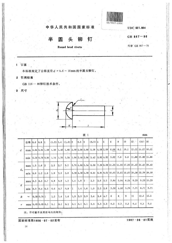 半圆头铆钉 (GB/T 867-1986)