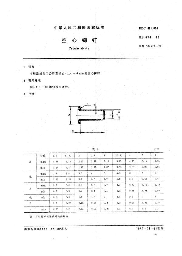 空心铆钉 (GB/T 876-1986)