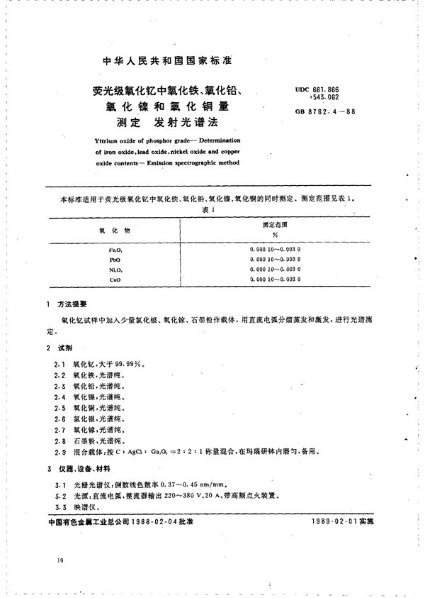 荧光级氧化钇中氧化铁、氧化铅、氧化镍和氧化铜量测定 发射光谱法 (GB/T 8762.4-1988)