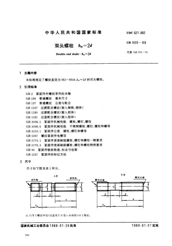 双头螺柱  bm=2d (GB/T 900-1988)