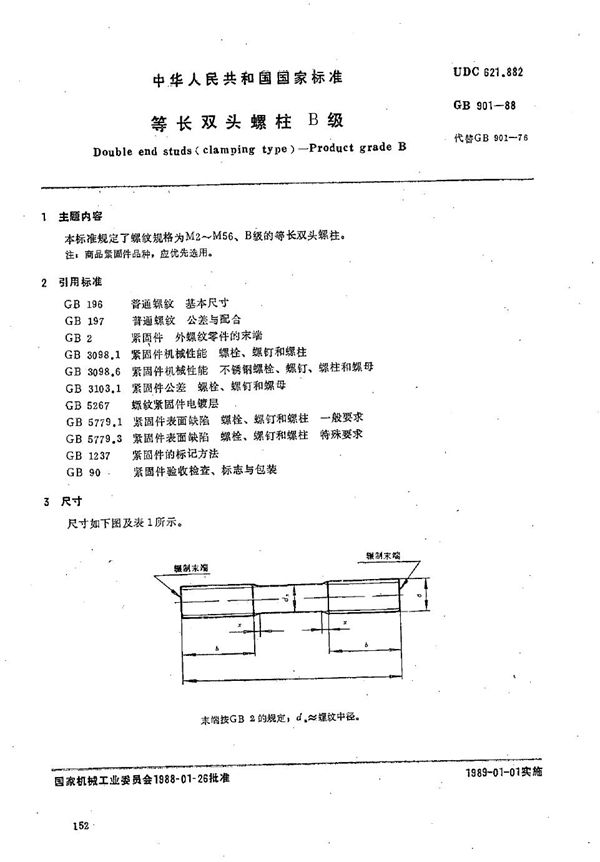 等长双头螺柱  B级 (GB/T 901-1988)