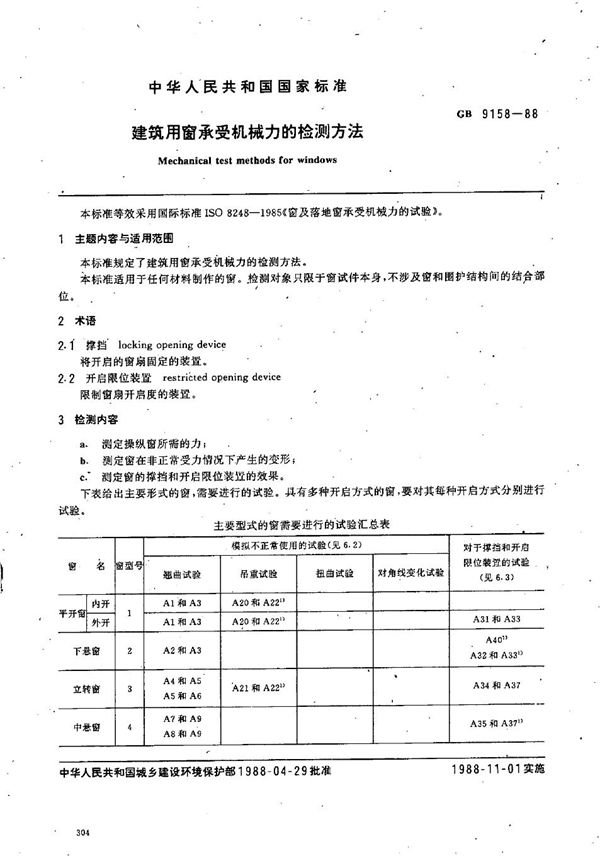 建筑用窗承受机械力的检测方法 (GB/T 9158-1988)