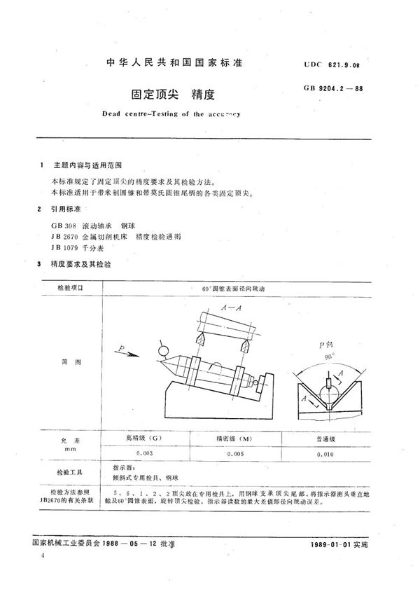 固定顶尖  精度 (GB/T 9204.2-1988)