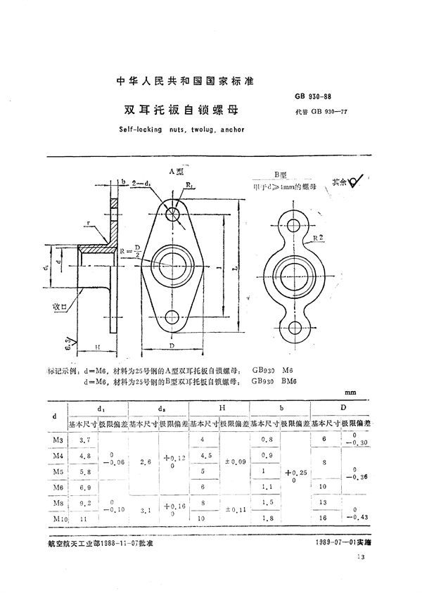 双耳托板自锁螺母 (GB/T 930-1988)