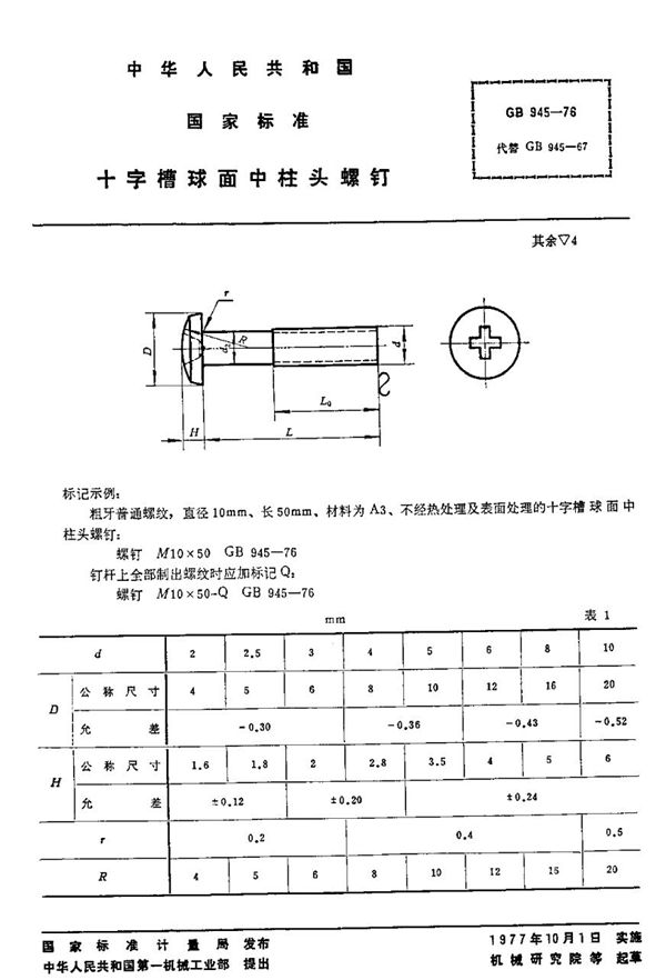 十字槽球面中柱头螺钉 (GB/T 945-1976)