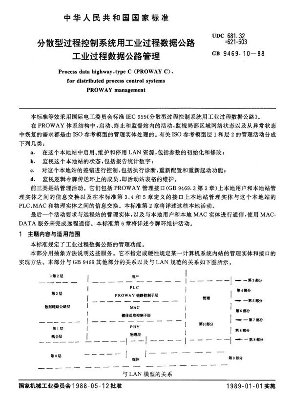 分散型过程控制系统用工业过程数据公路  工业过程数据公路管理 (GB/T 9469.10-1988)