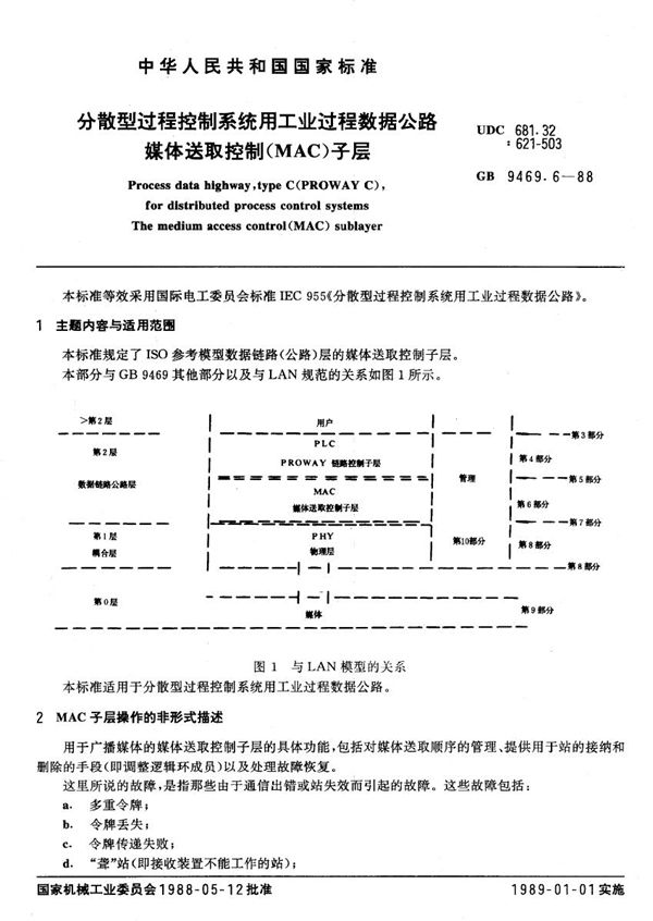 分散型过程控制系统用工业过程数据公路  媒体送取控制 (MAC)子层 (GB/T 9469.6-1988)