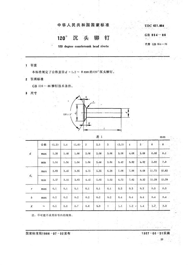 120°沉头铆钉 (GB/T 954-1986)