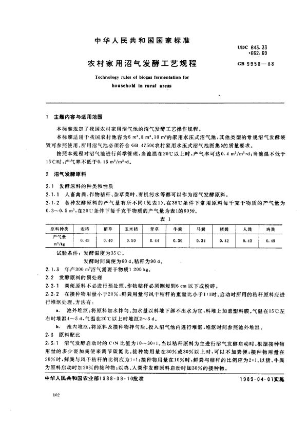 农村家用沼气发酵工艺规程 (GB/T 9958-1988)