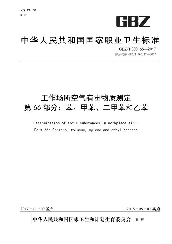 工作场所空气有毒物质测定 第66部分：苯、甲苯、二甲苯和乙苯 (GBZ/T 300.66-2017)