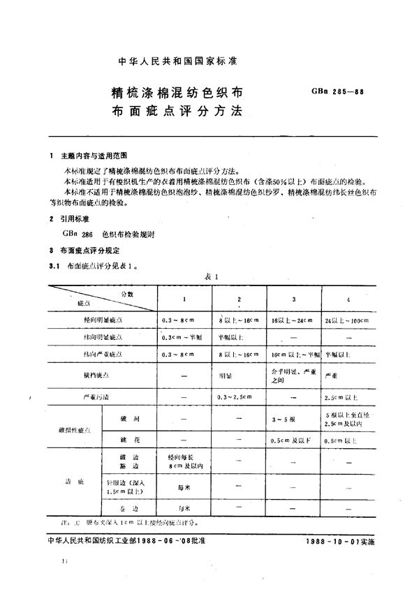 精梳涤棉混纺色织布布面疵点评分方法 (GBn 285-1988)