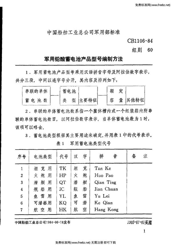 铅酸蓄电池产品型号编制方法 (CB 1106-1984)